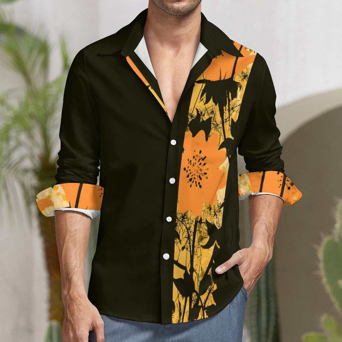 Faux Linen Men Long Sleeve Shirt with Pocket(All-Over Printing)