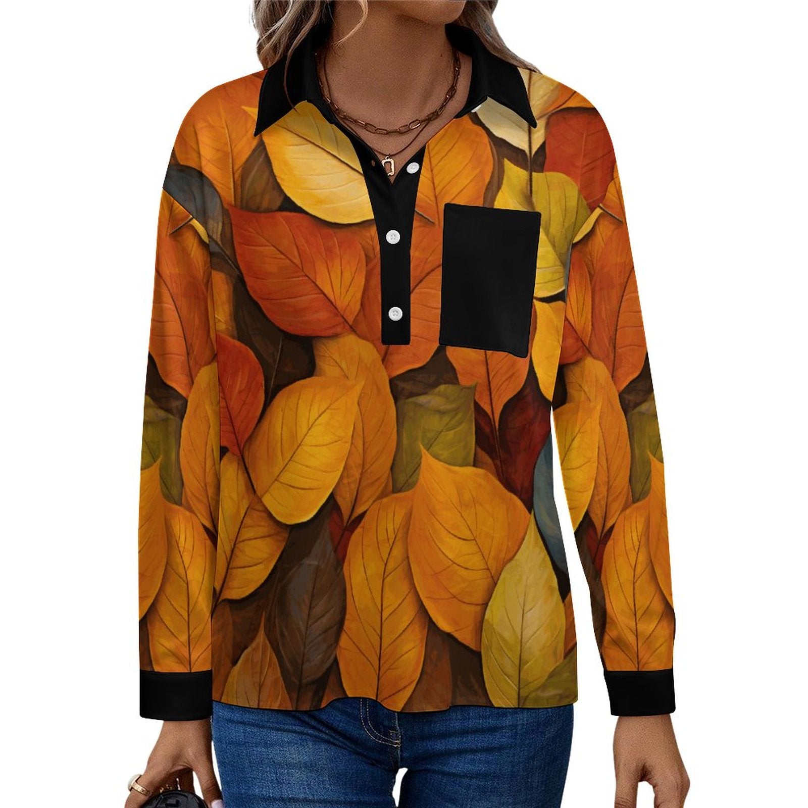 180gsm Women's Drop Shoulder Shirt(All-Over Printing) Autumn Leaves long sleeve
