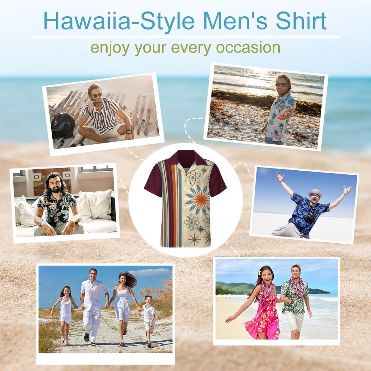 Short Sleeve Cuban Collar Shirt(All-Over Printing) burgundy retro pattern beige starburst