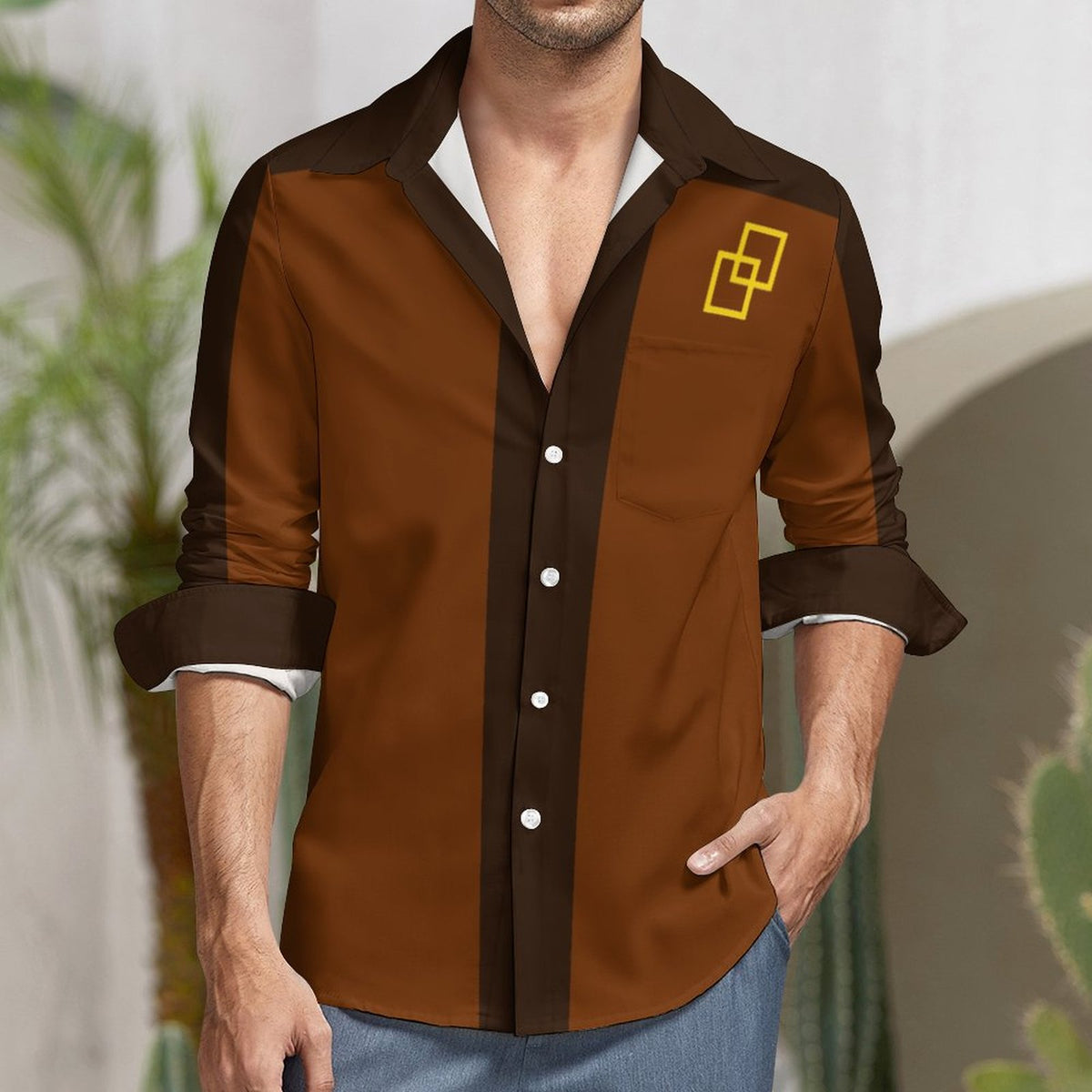 Faux Linen Men Long Sleeve Shirt with Pocket(All-Over Printing)