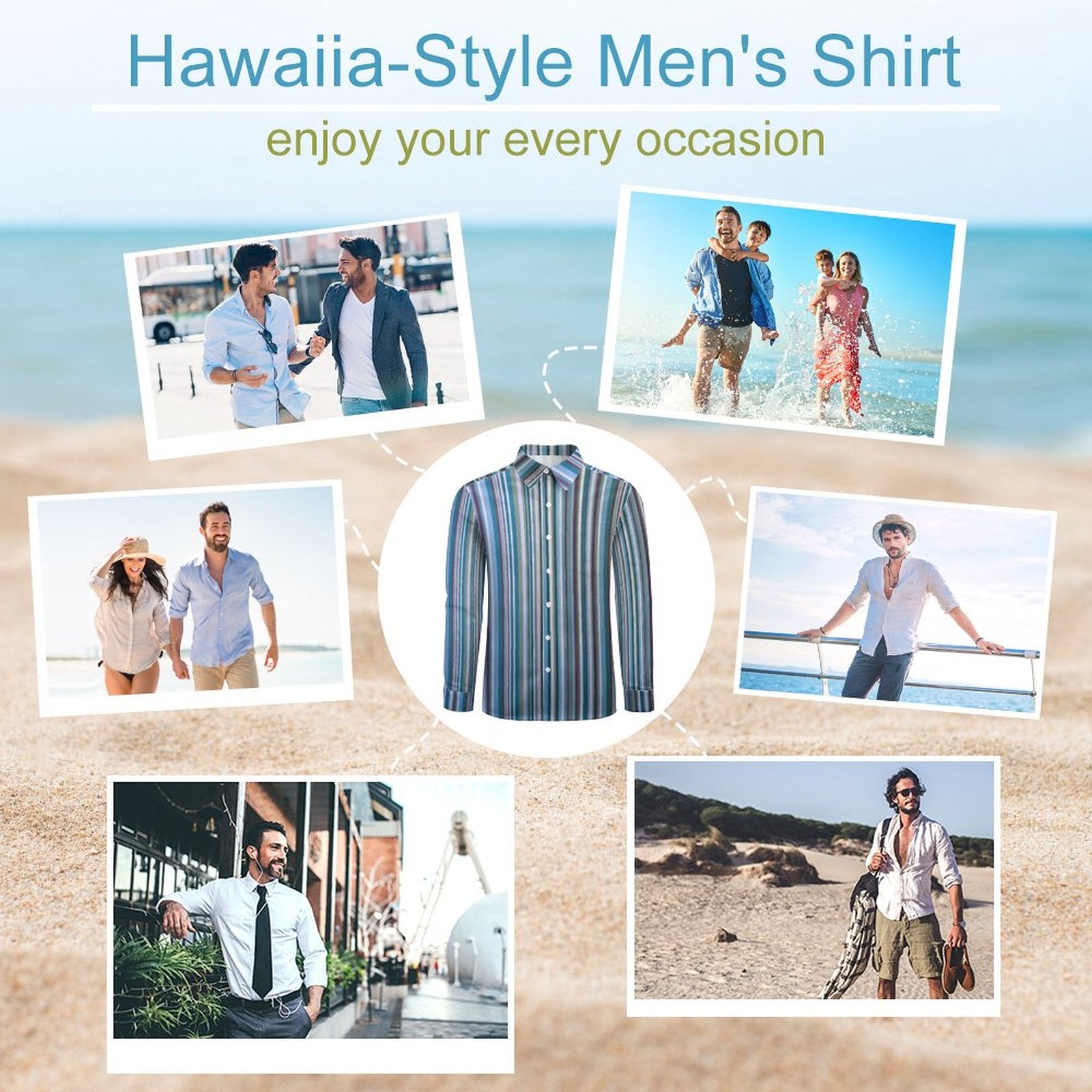 135gsm Casual Long-Sleeve Shirt for Men(All-Over Printing) BLUE AND MUTED COLOR STRIPED SHIRT