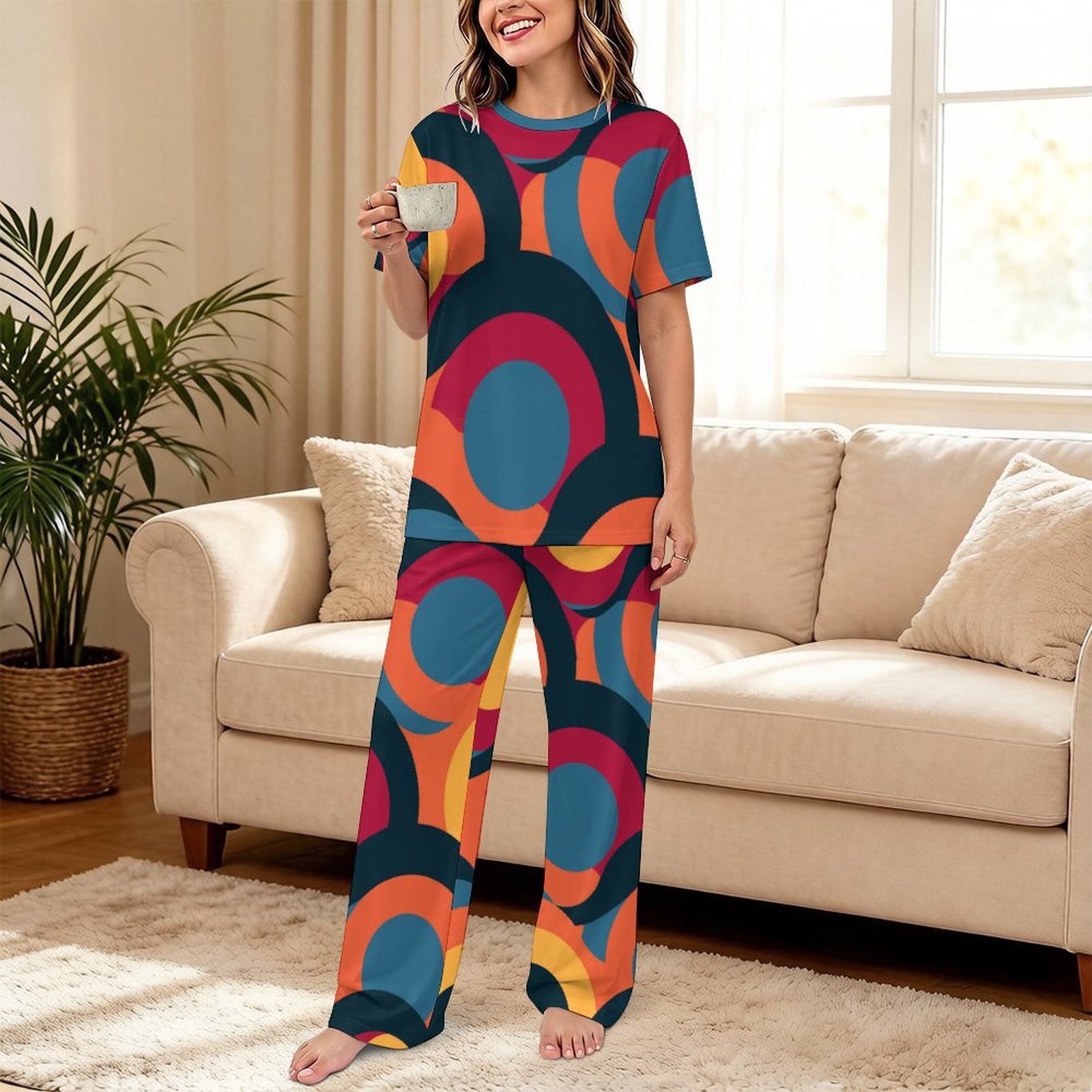 180gsm Short Sleeved Pajama Set(All-Over Printing)retro multicolored circle pattern