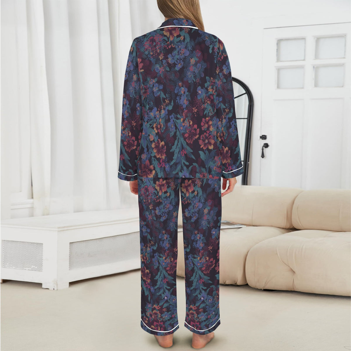 Women’s Satin Pajama Set Floral Long Sleeve Sleepwear