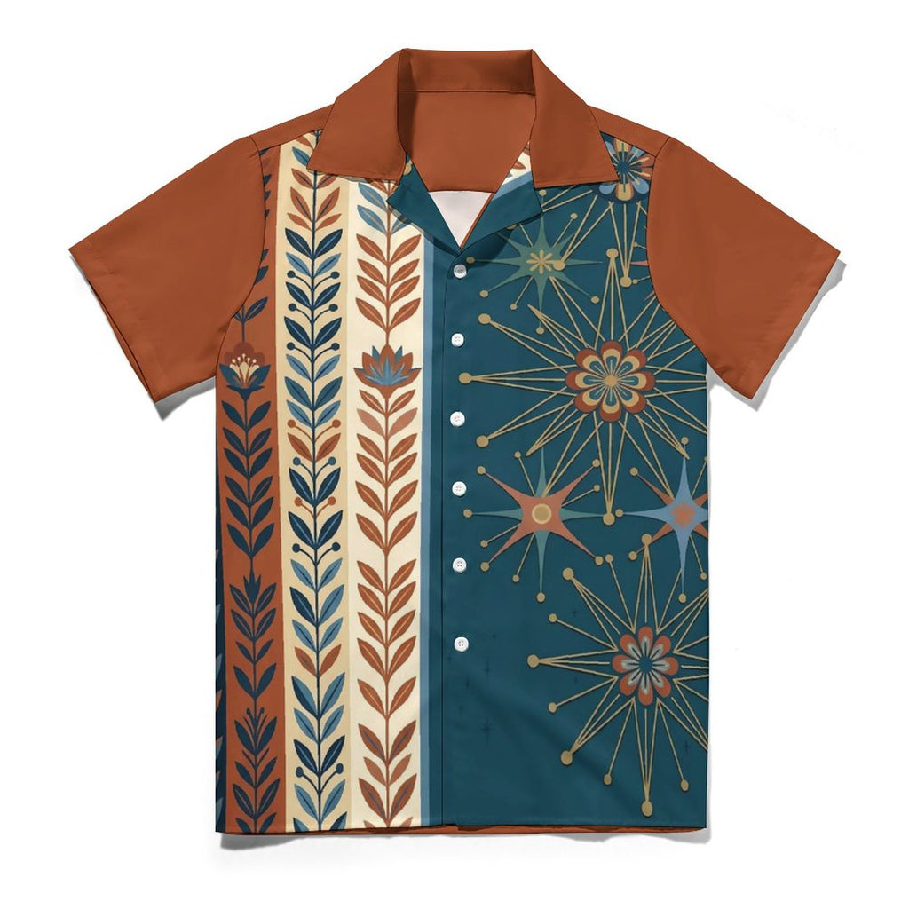 Short Sleeve Cuban Collar Shirt(All-Over Printing) teal beige and rust colored retro