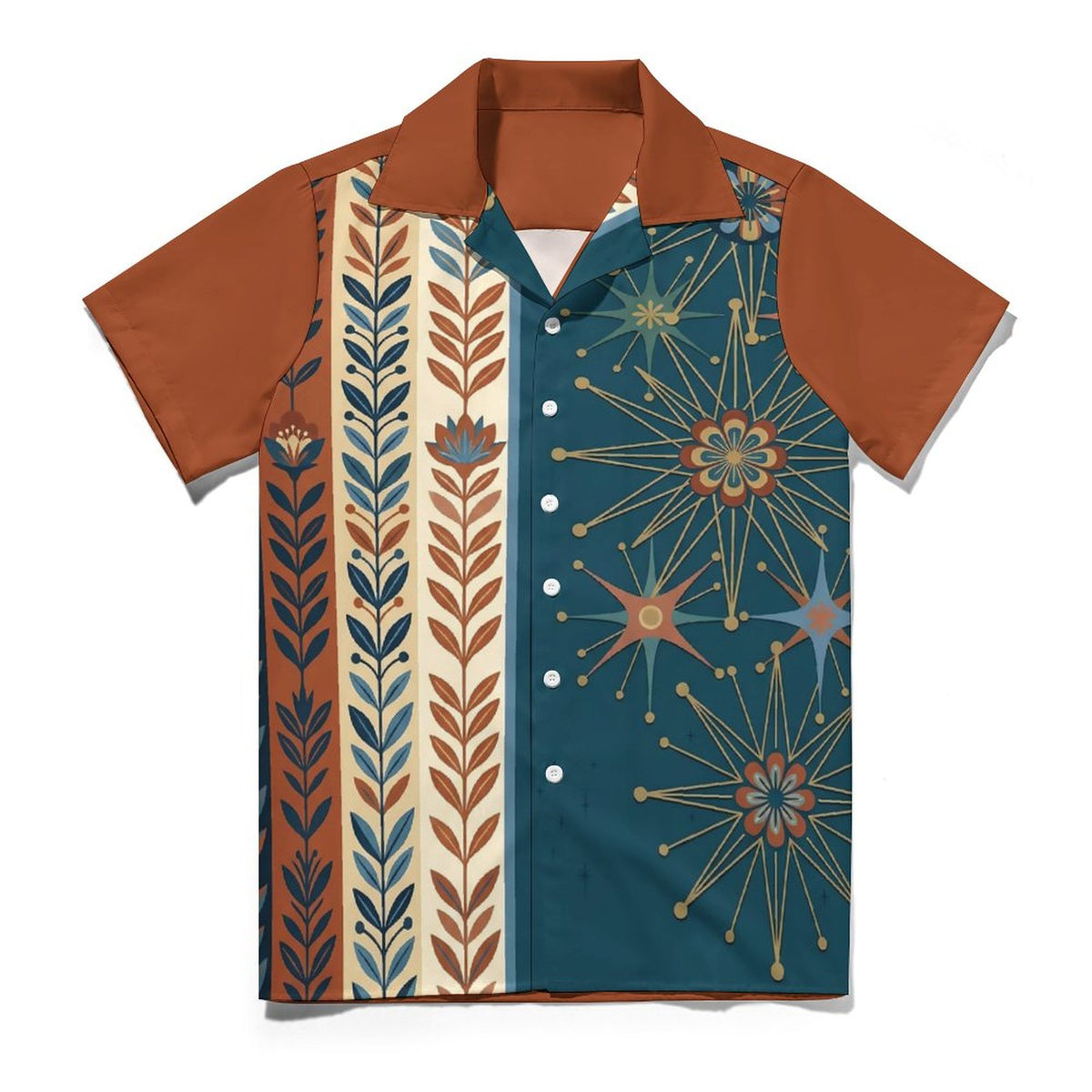 Short Sleeve Cuban Collar Shirt(All-Over Printing) teal beige and rust colored retro