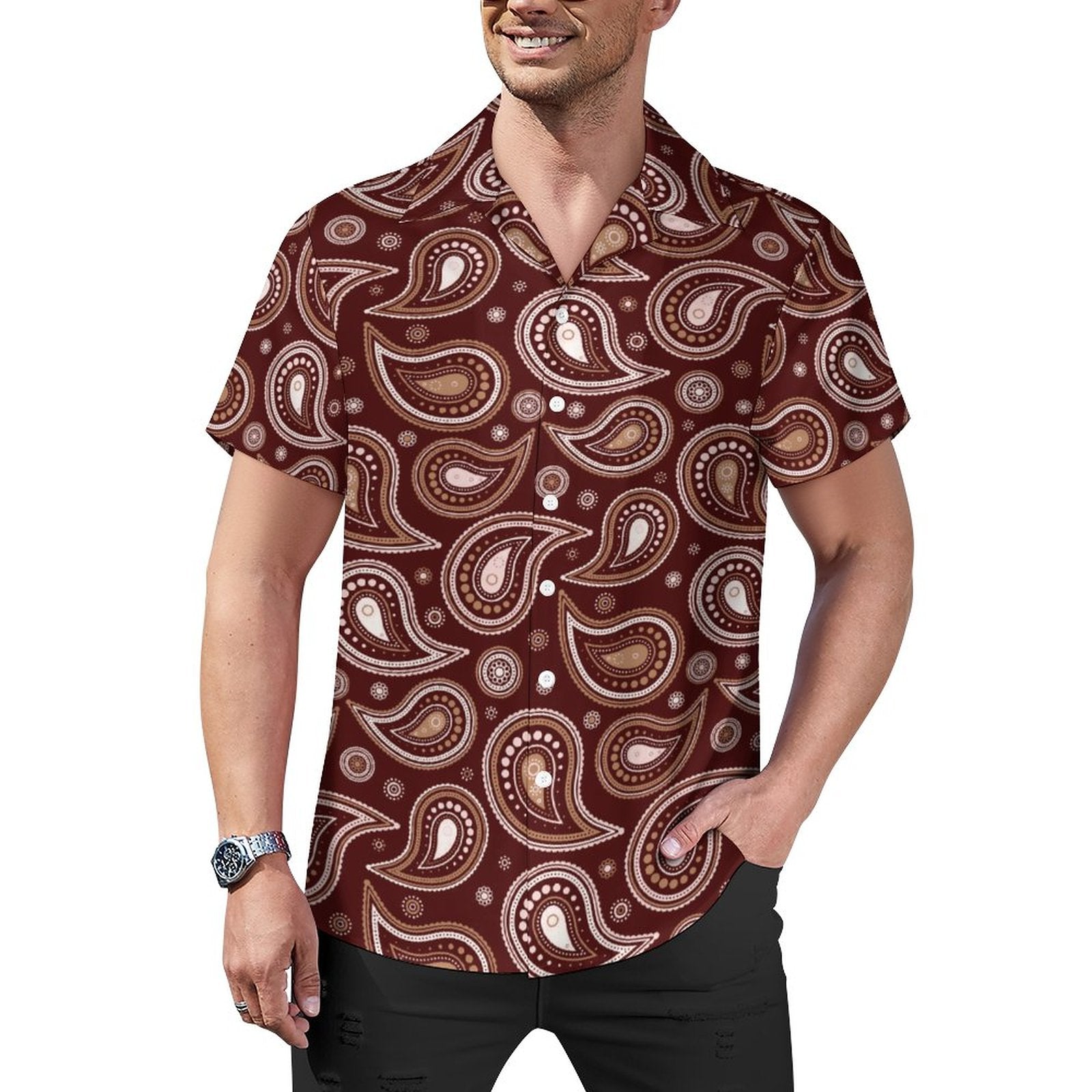 Short Sleeve Cuban Collar Shirt(All-Over Printing) brown paisley
