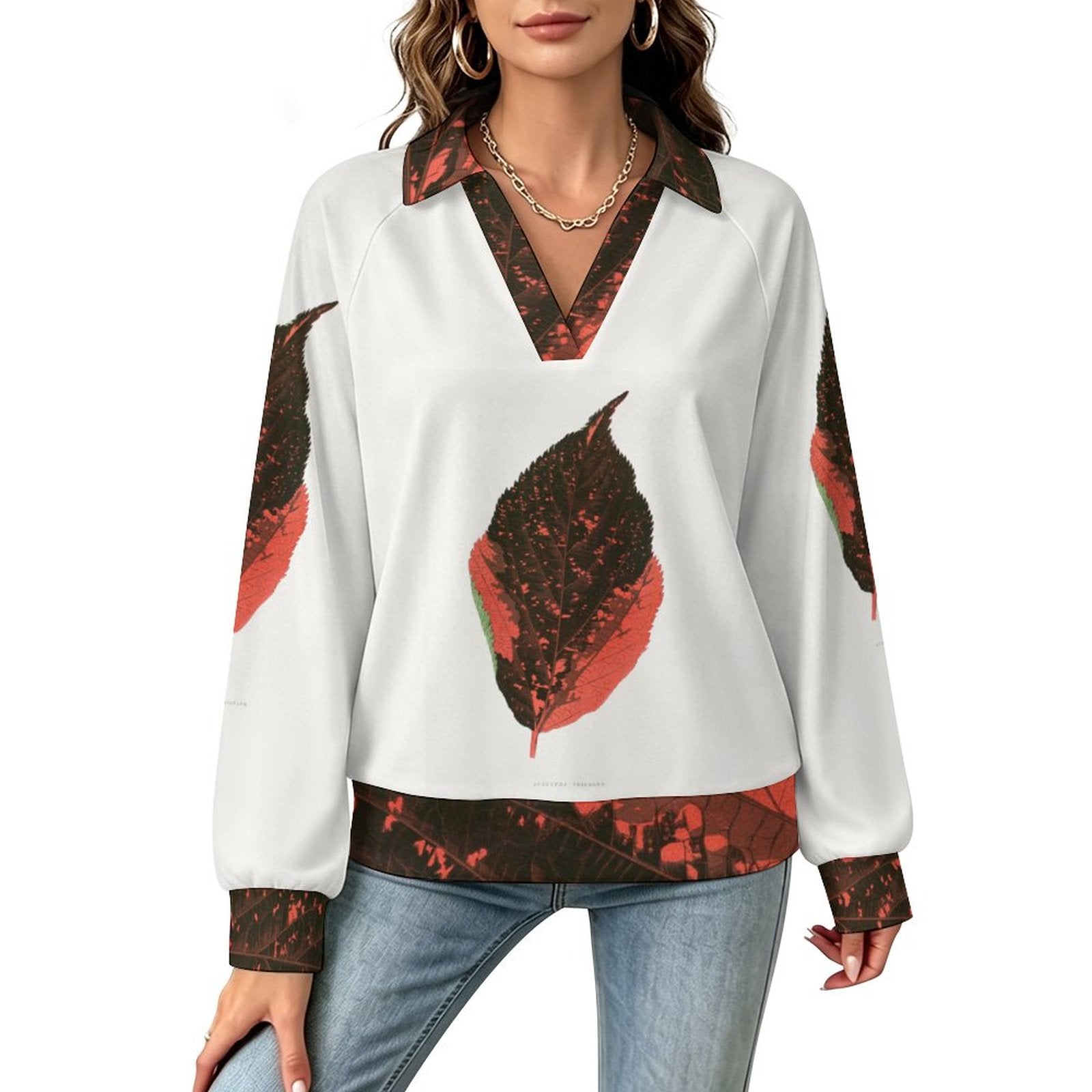 170gsm Casual Long Sleeve V-Neck Sweatshirt(All-Over Printing) Orange leaf pattern