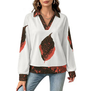 170gsm Casual Long Sleeve V-Neck Sweatshirt(All-Over Printing) Orange leaf pattern