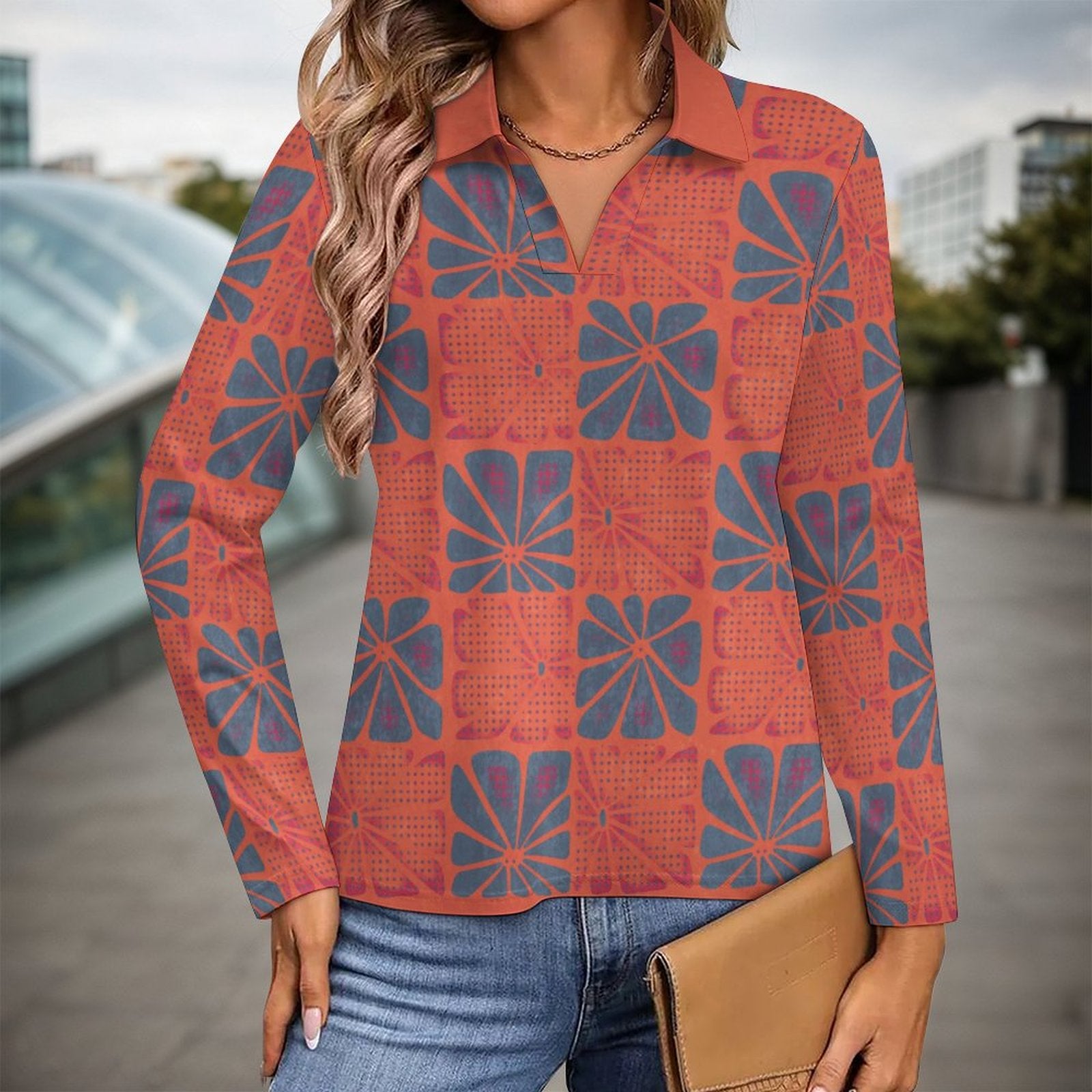 UPF50+ 180gsm Women's Sunscreen Shirt(All-Over Printing)coral and teal pattern boho