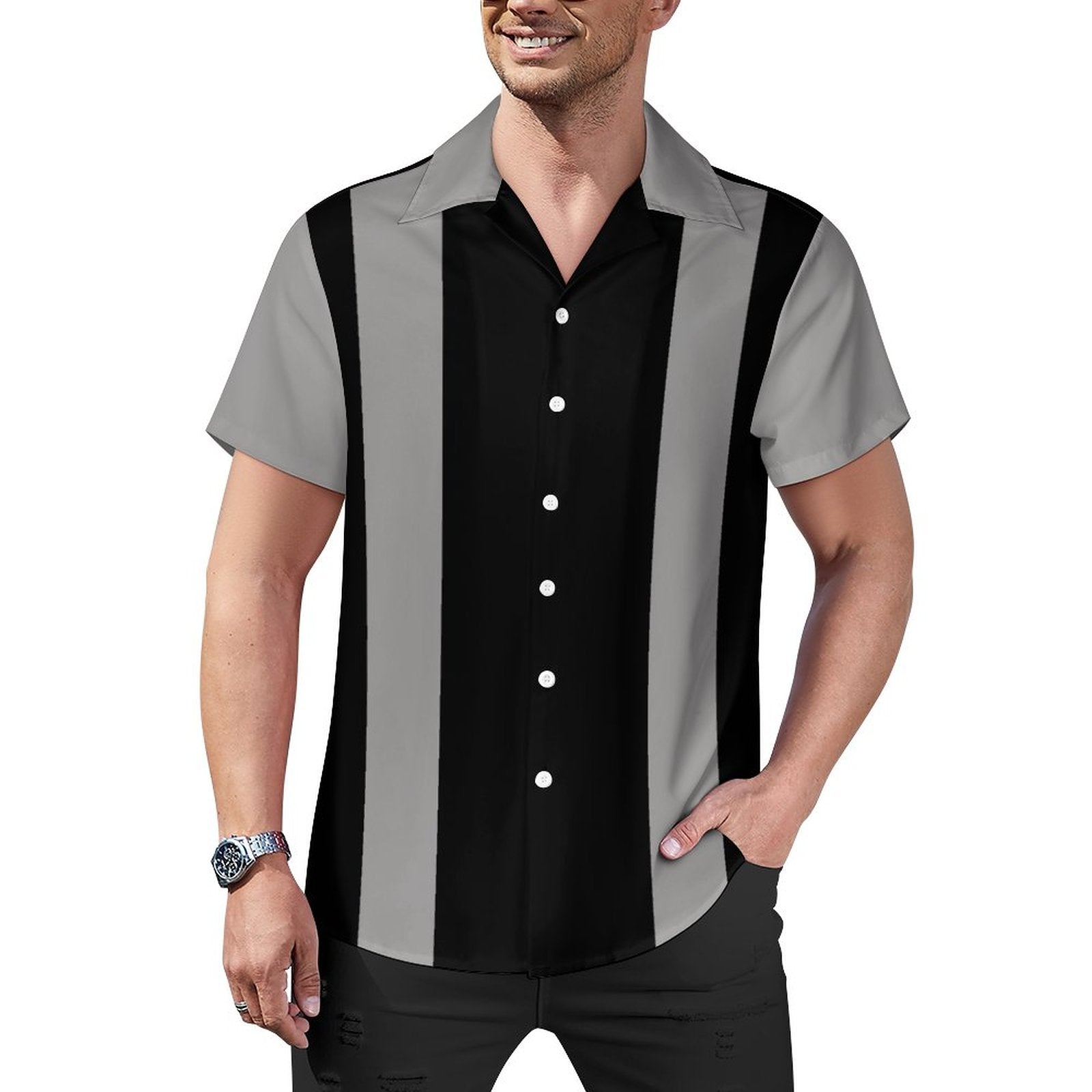 Short Sleeve Cuban Collar Shirt(All-Over Printing) black and gray