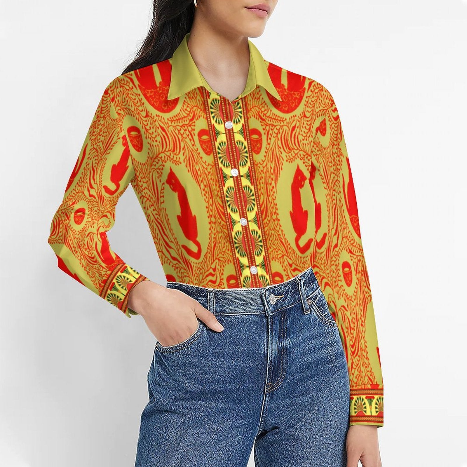 Women's Flower Blouse Long Sleeve(All-Over Printing) red yellow cat indian