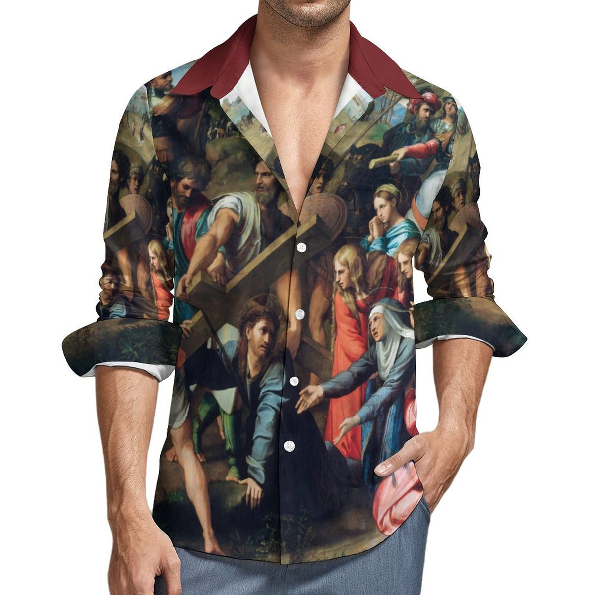 Faux Linen Men Long Sleeve Shirt with Pocket(All-Over Printing)