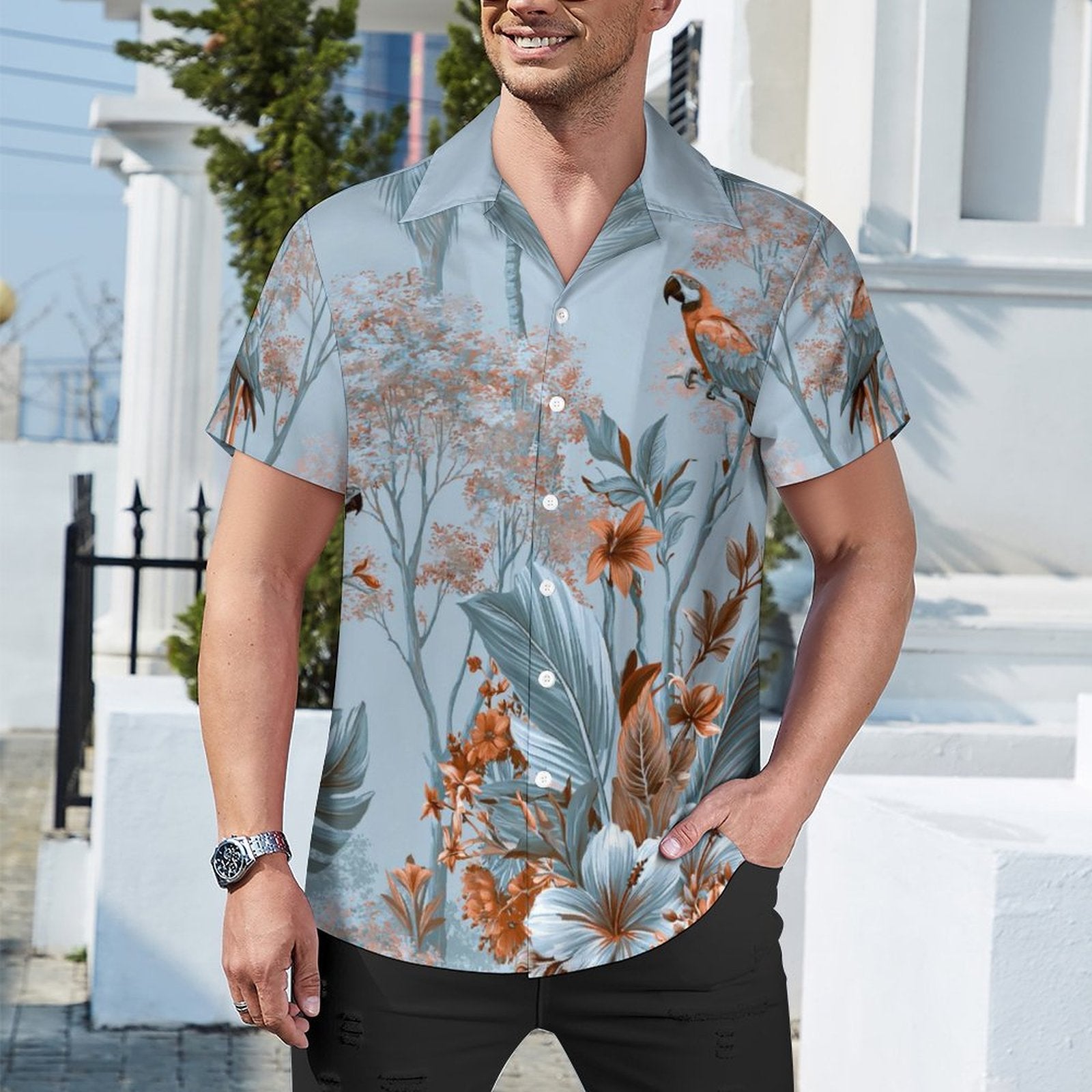 Short Sleeve Cuban Collar Shirt(All-Over Printing) Hawaiian light blue and brown print