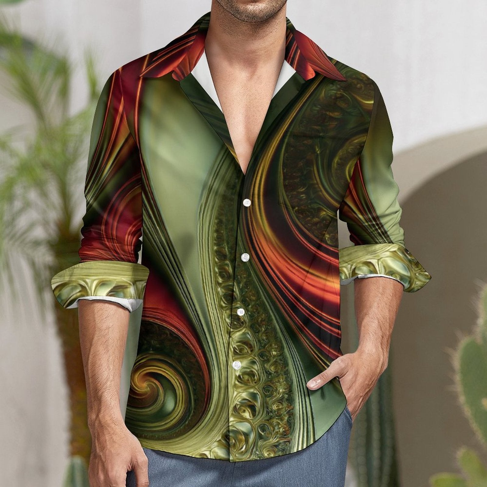 Men's Long Sleeve Shirt with Pocket(All-Over Printing)disco green and red