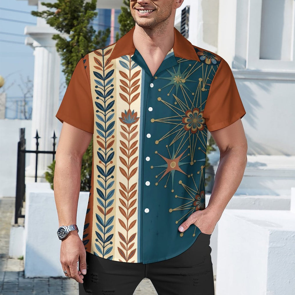Short Sleeve Cuban Collar Shirt(All-Over Printing) teal beige and rust colored retro