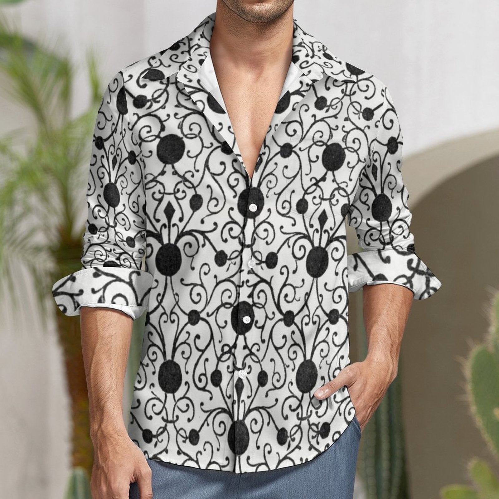 135gsm Casual Long-Sleeve Shirt for Men(All-Over Printing) Mediterranean pattern black and white