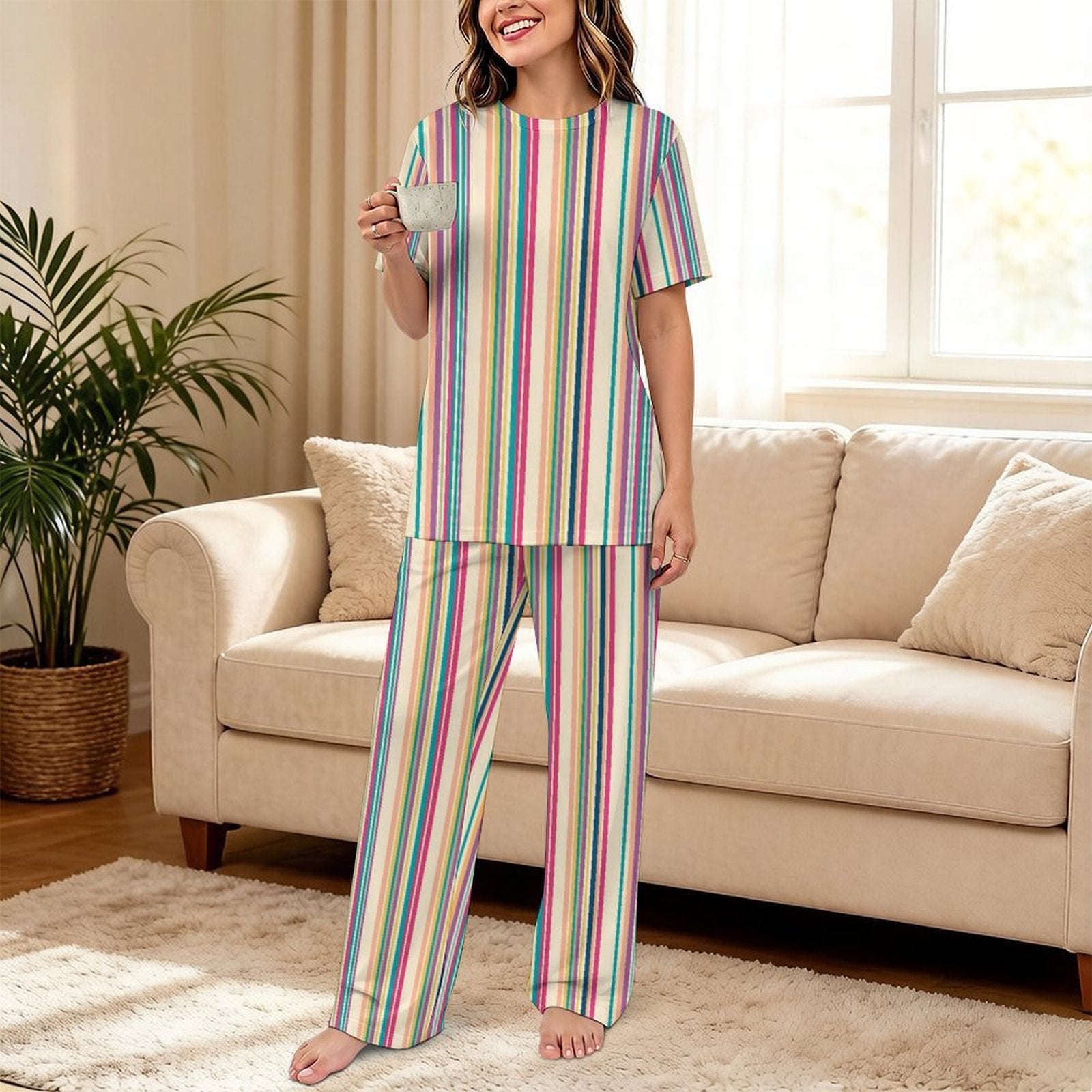 180gsm Short Sleeved Pajama Set(All-Over Printing) multicolor stripe