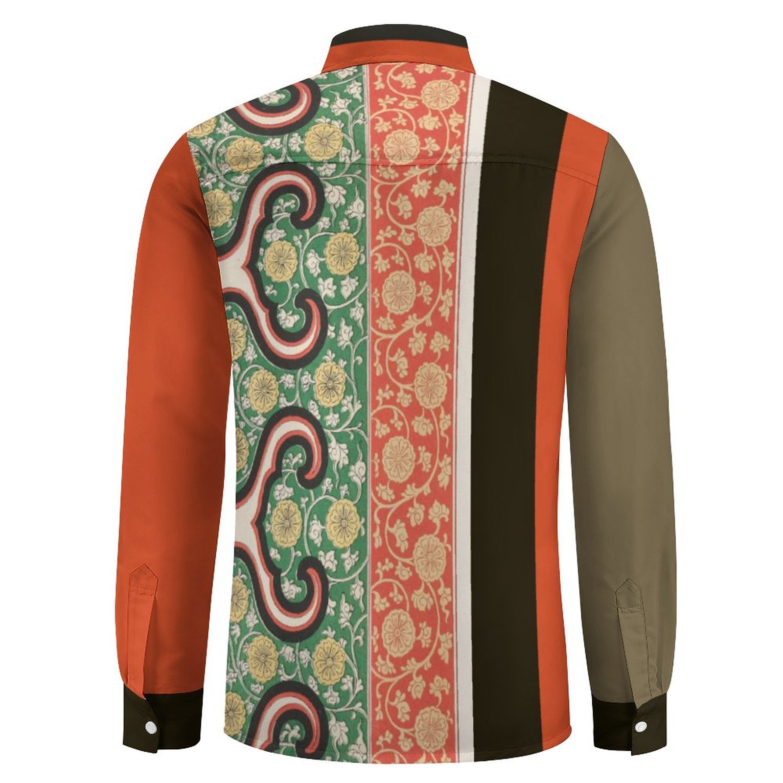 Men's Long Sleeve Shirt with Pocket(All-Over Printing)  orange and olive Indian print
