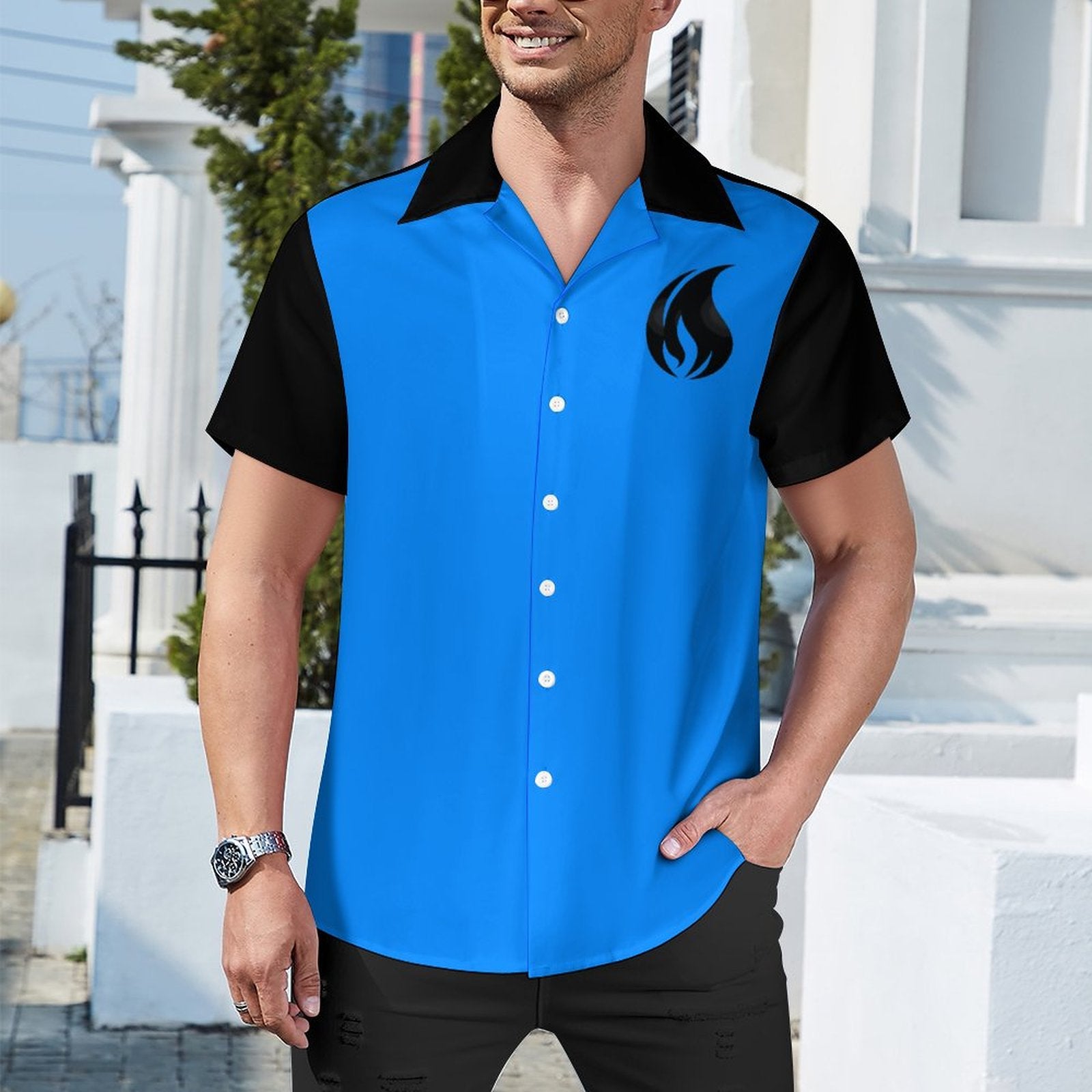 Short Sleeve Cuban Collar Shirt(All-Over Printing) blue bowling shirt