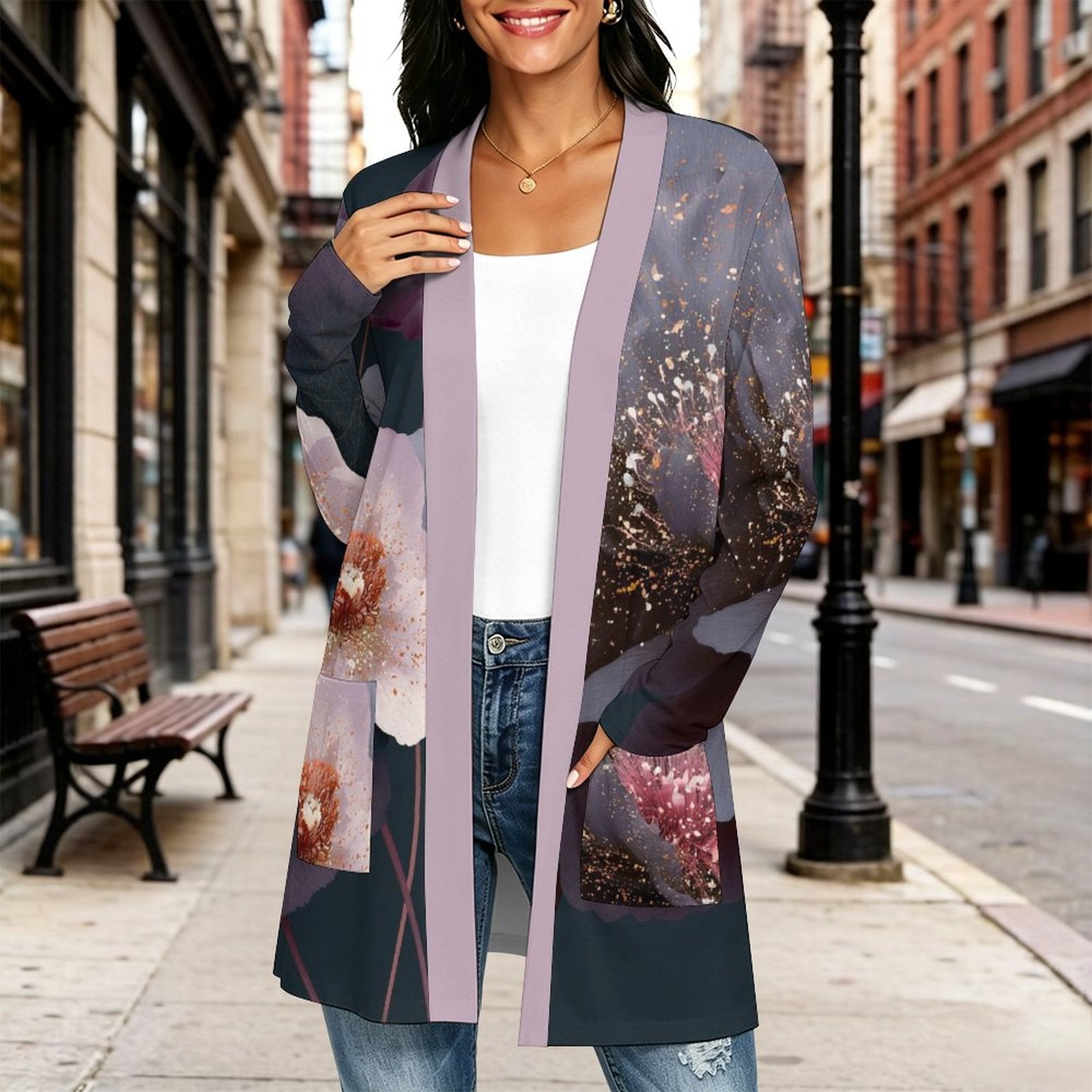 180gsm Women's Long Sleeve Cardigan With Pockets(All-Over Printing) lavender color floral