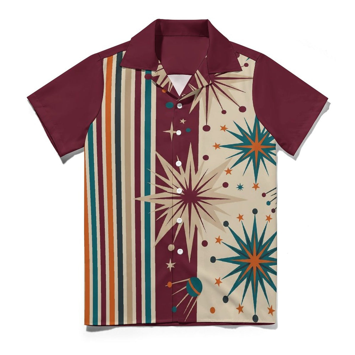 Short Sleeve Cuban Collar Shirt(All-Over Printing) bowling retro starburst lines burgundy beige teal orange