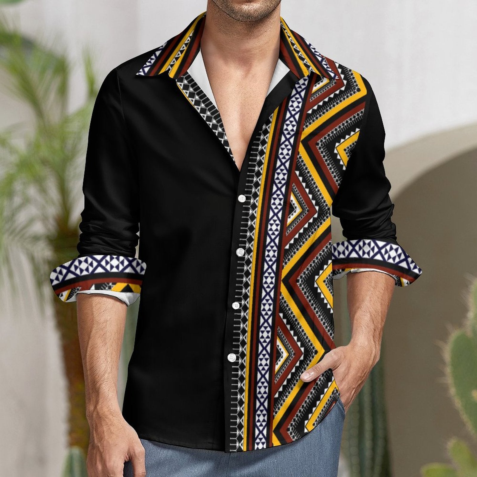Men's Long Sleeve Shirt with Pocket(All-Over Printing) Southwest pattern black, burgundy, orange