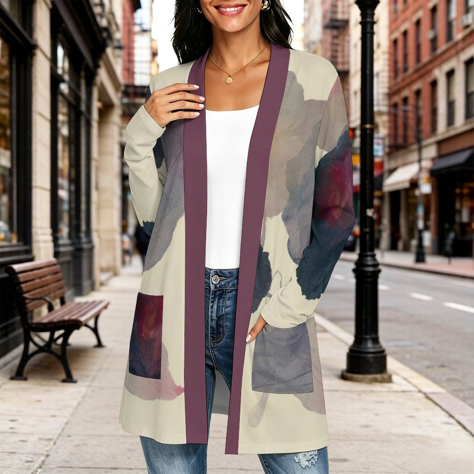 180gsm Women's Long Sleeve Cardigan With Pockets(All-Over Printing) floral purple
