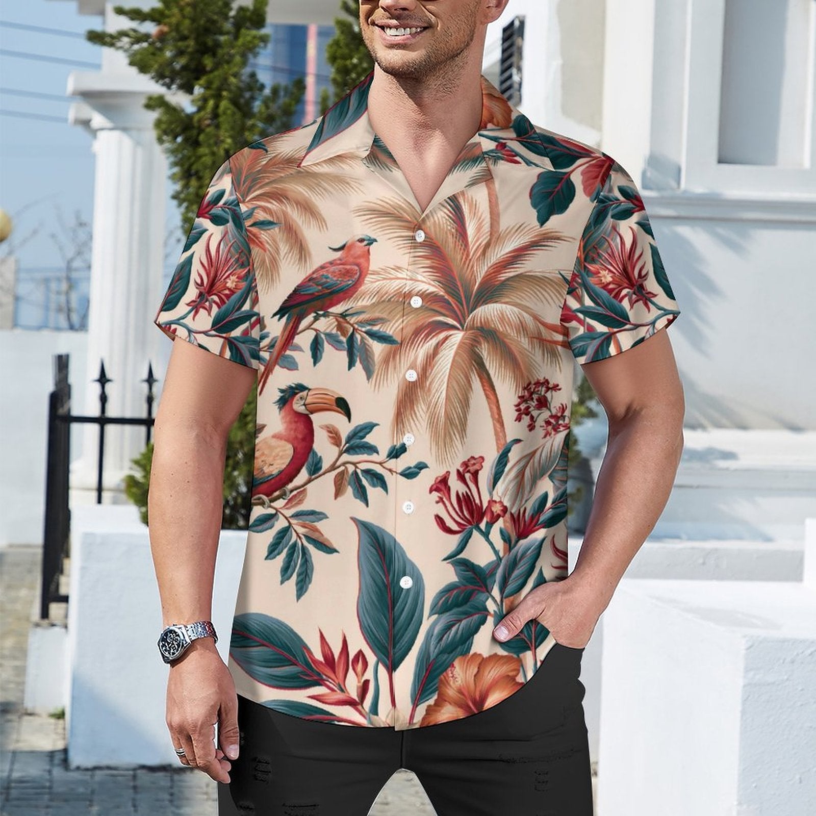 Short Sleeve Cuban Collar Shirt(All-Over Printing) Hawaiian print red and blue