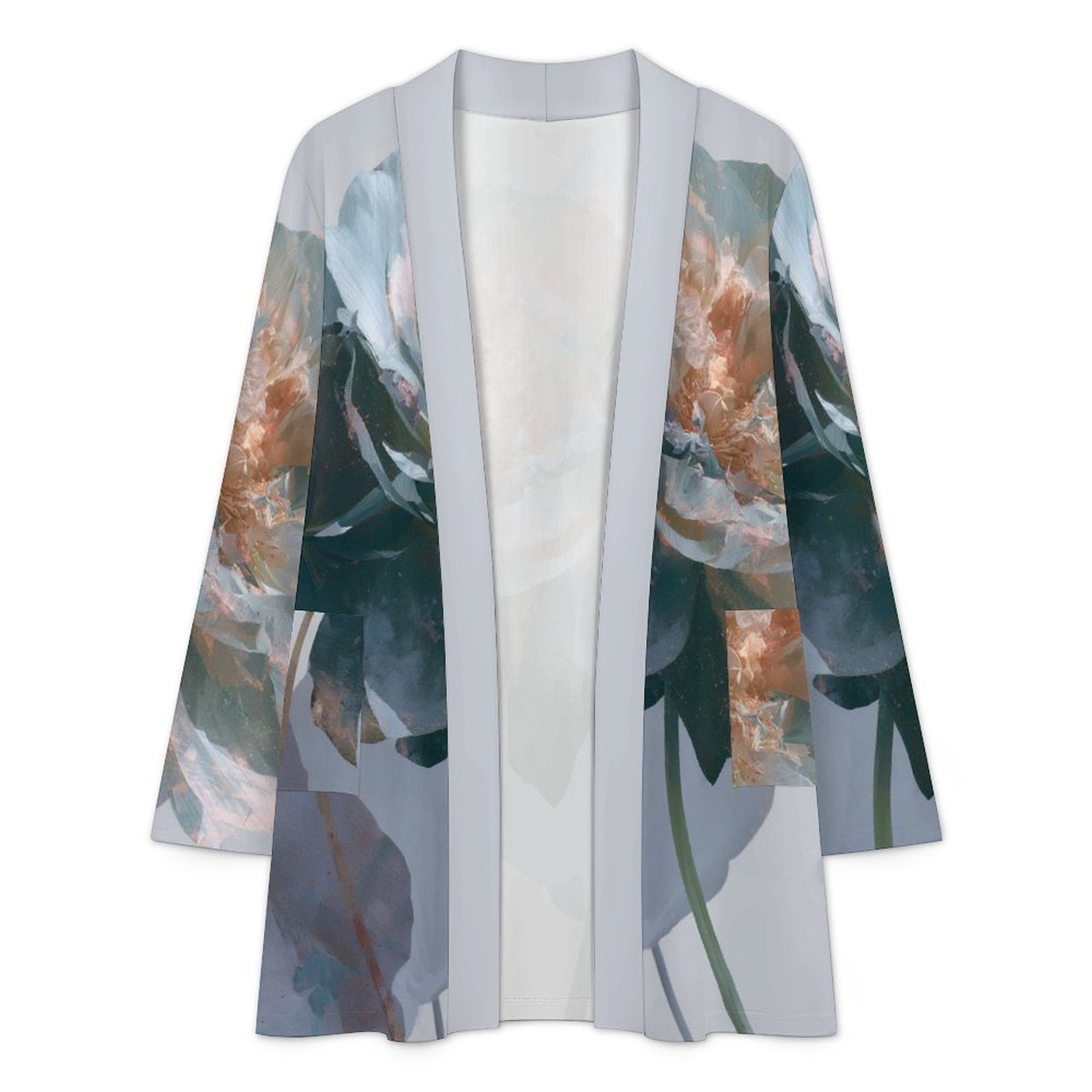 180gsm Women's Long Sleeve Cardigan With Pockets(All-Over Printing) light blue and orange floral
