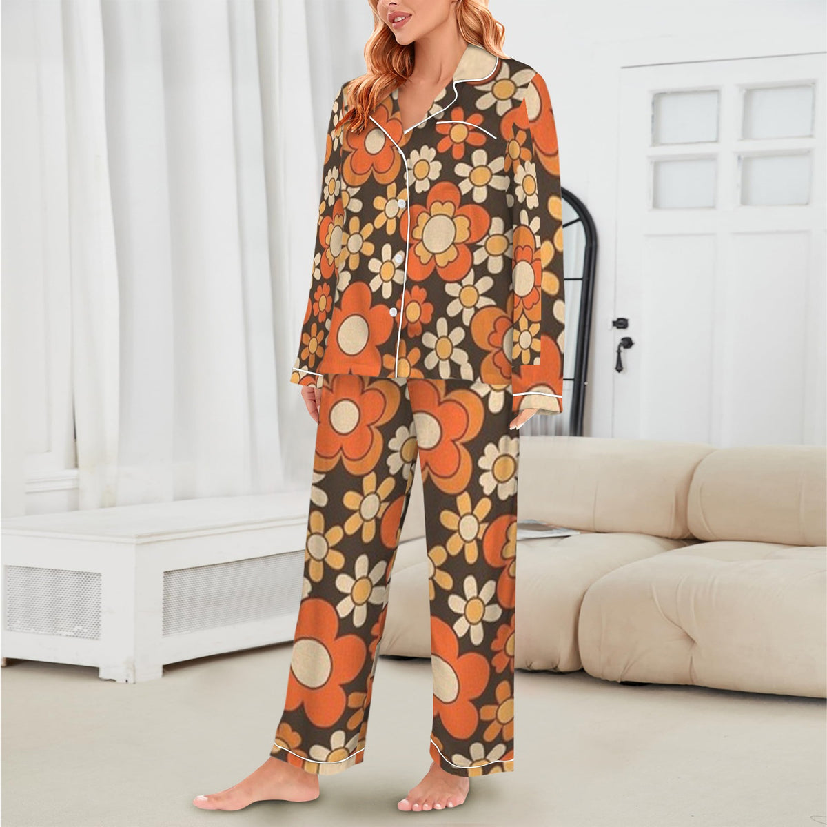 Women's 70s Retro Flower Power Satin Pajama Set