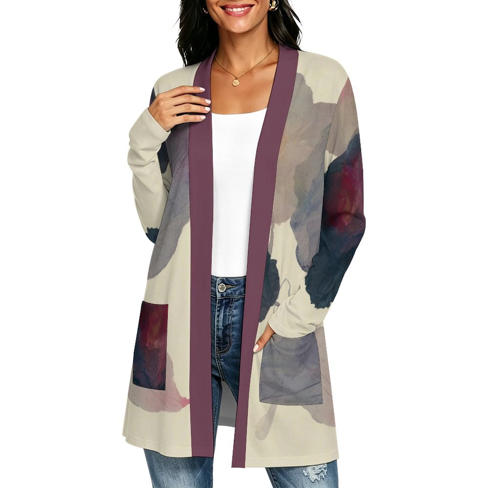 180gsm Women's Long Sleeve Cardigan With Pockets(All-Over Printing) floral purple