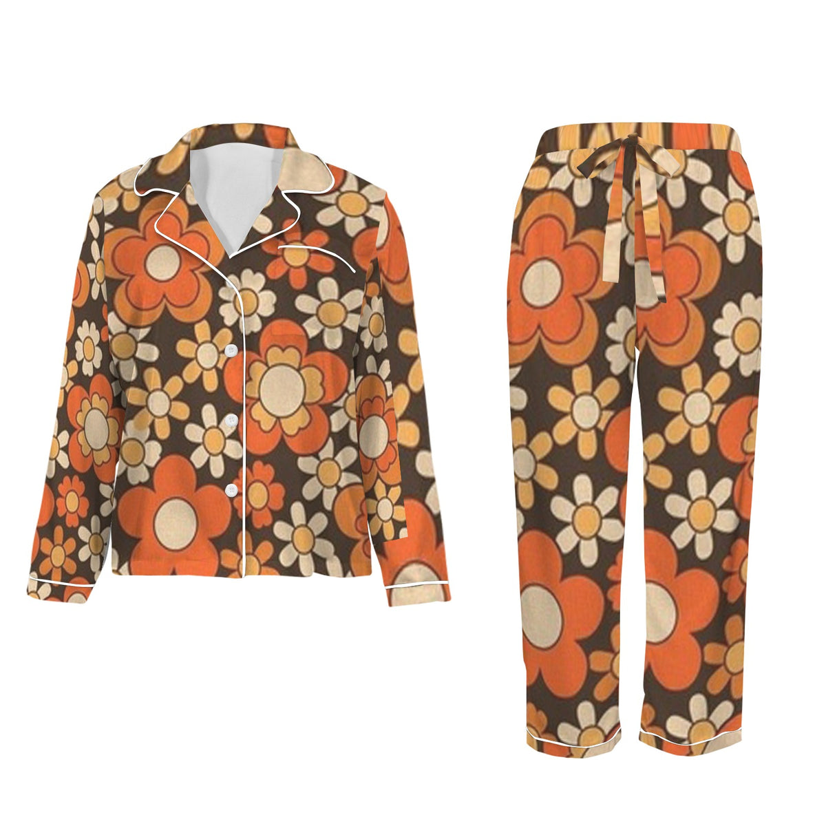 Women's 70s Retro Flower Power Satin Pajama Set