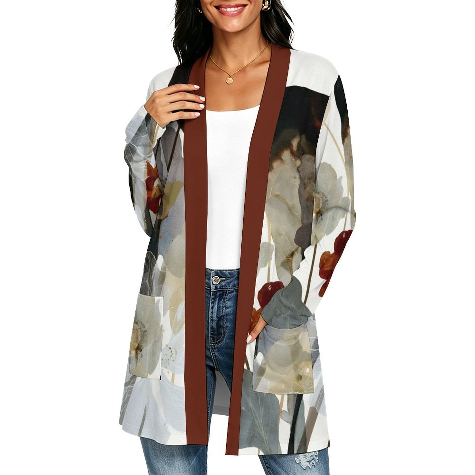 180gsm Women's Long Sleeve Cardigan With Pockets(All-Over Printing) dark red and white floral