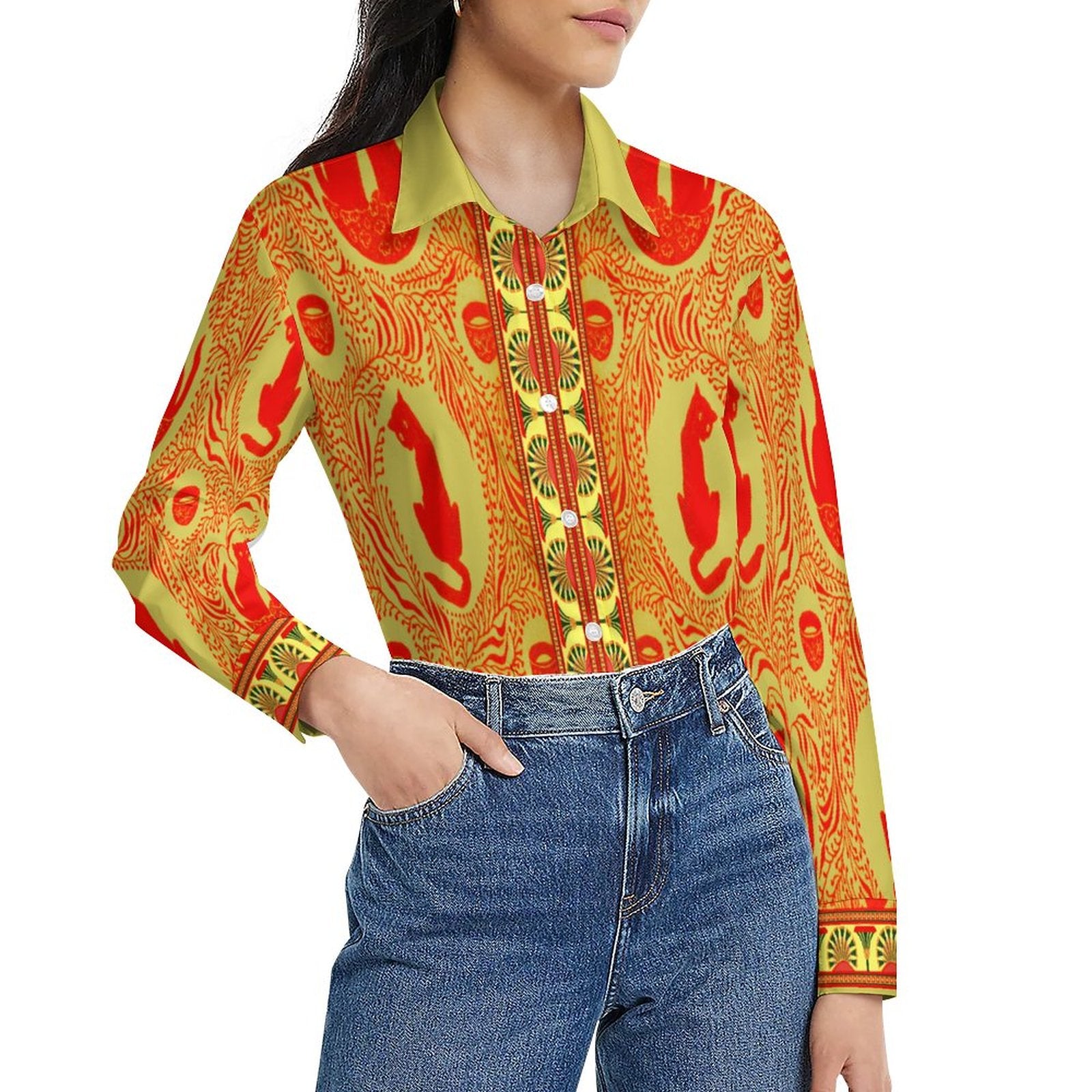 Women's Flower Blouse Long Sleeve(All-Over Printing) red yellow cat indian
