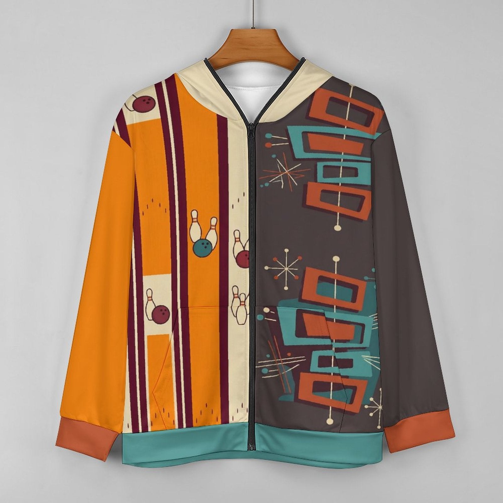 280gsm Full Zip Hoodie For Men(All-Over Printing) retro bowling pattern brown orange rust teal