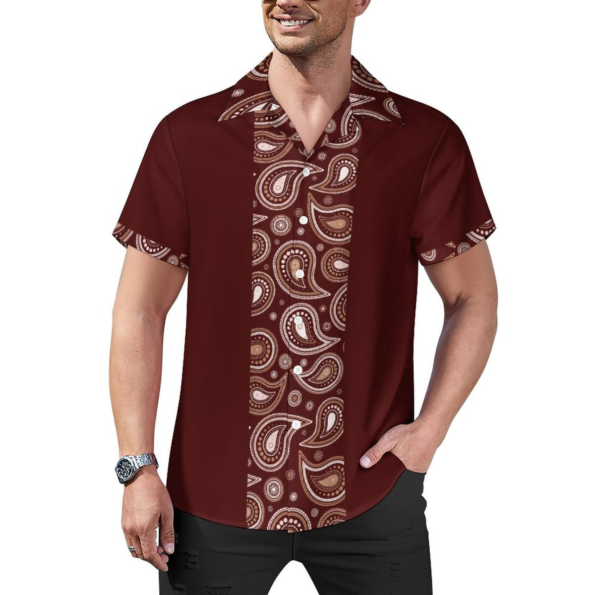Short Sleeve Cuban Collar Shirt(All-Over Printing) brown paisley stripe