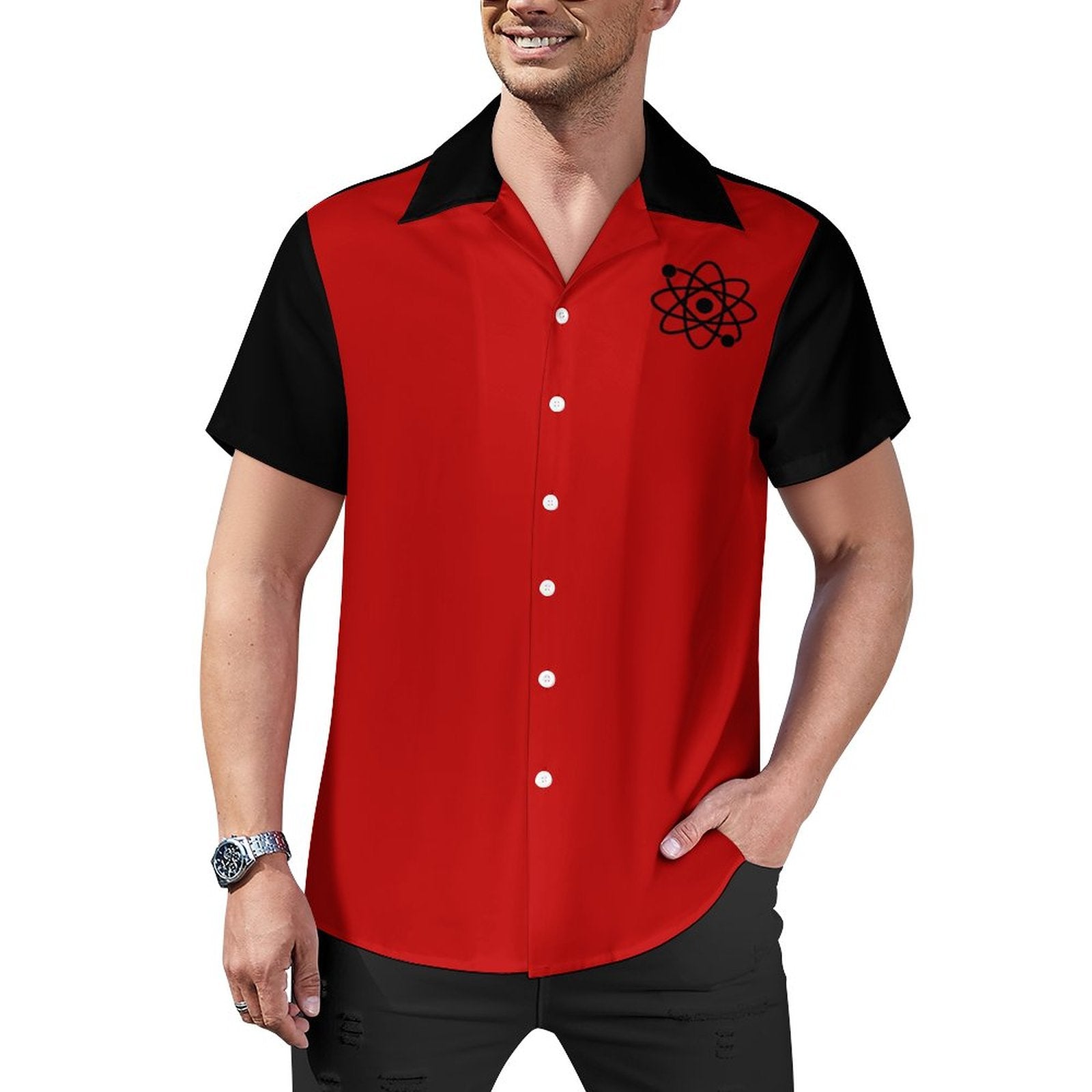 Short Sleeve Cuban Collar Shirt(All-Over Printing) red atom