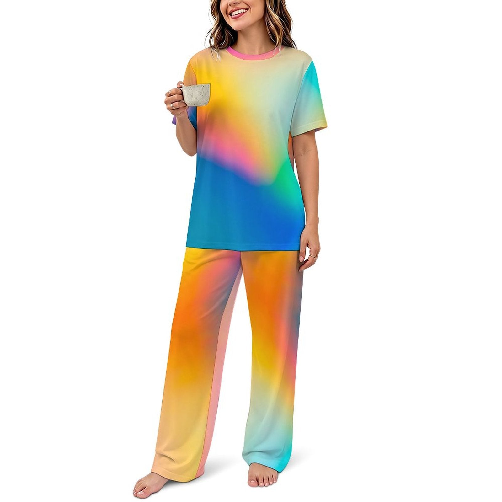 180gsm Short Sleeved Pajama Set(All-Over Printing) retro color swirl