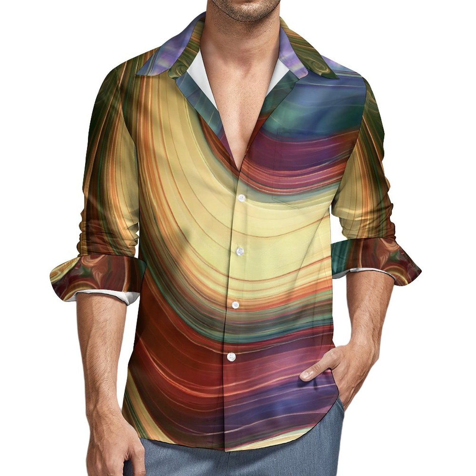 Men's Long Sleeve Shirt with Pocket(All-Over Printing) Color Wave