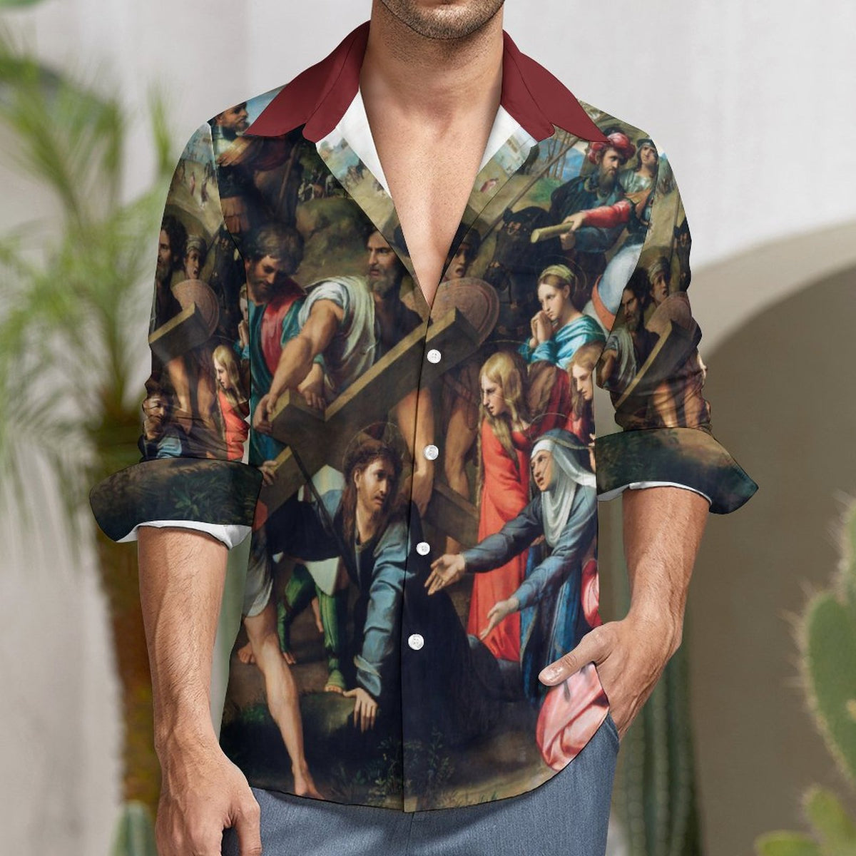 Faux Linen Men Long Sleeve Shirt with Pocket(All-Over Printing)