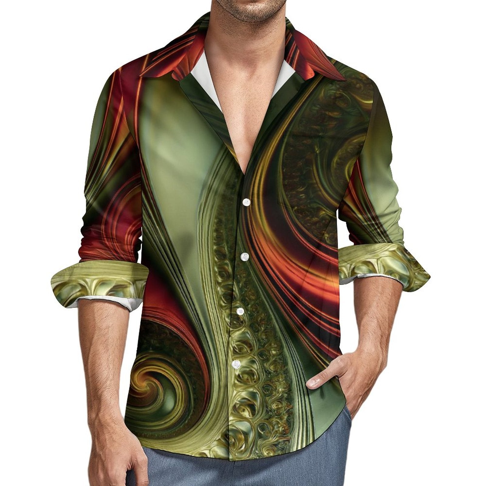 Men's Long Sleeve Shirt with Pocket(All-Over Printing)disco green and red