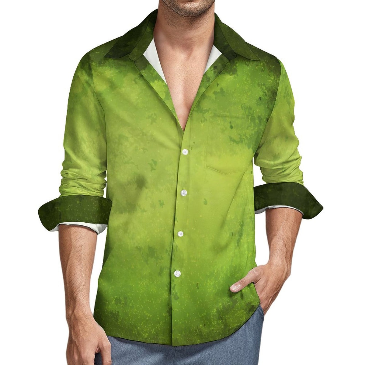 Faux Linen Men Long Sleeve Shirt with Pocket(All-Over Printing)