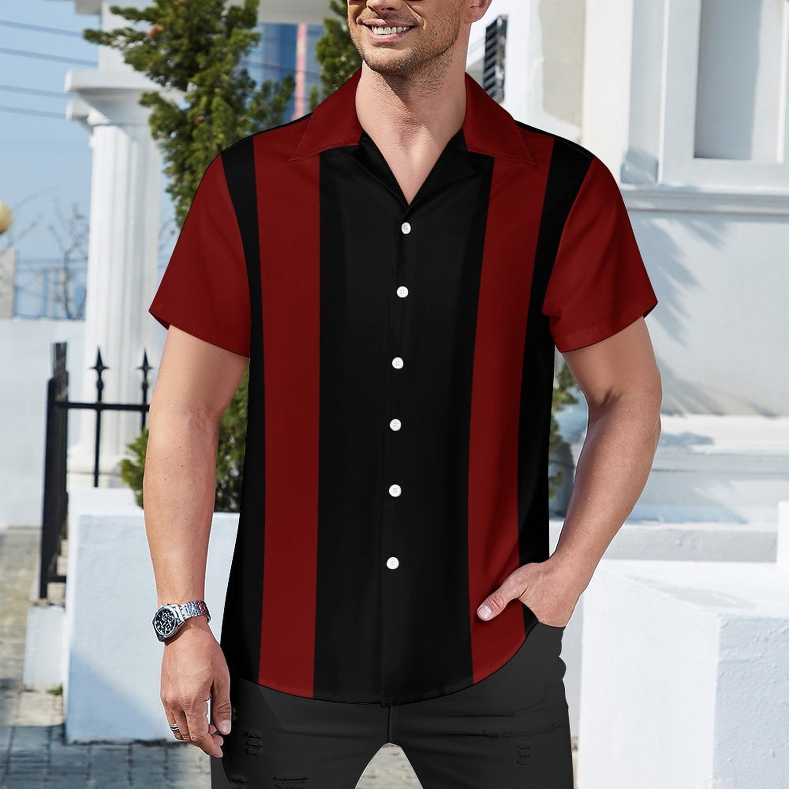 Short Sleeve Cuban Collar Shirt(All-Over Printing)red and black