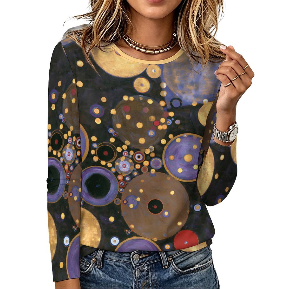 180gsm Crew Neck Long Sleeve T-Shirt(All-Over Printing) circles!