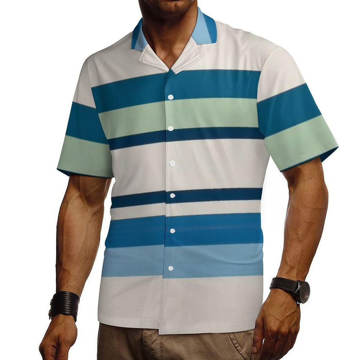 Men's Short Sleeve Hawaiian Print Shirt with Cuban Collar(All-Over Printing)lines blue green