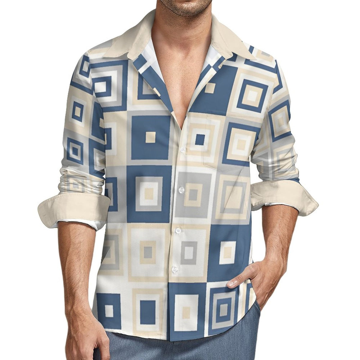 Faux Linen Men Long Sleeve Shirt with Pocket(All-Over Printing)