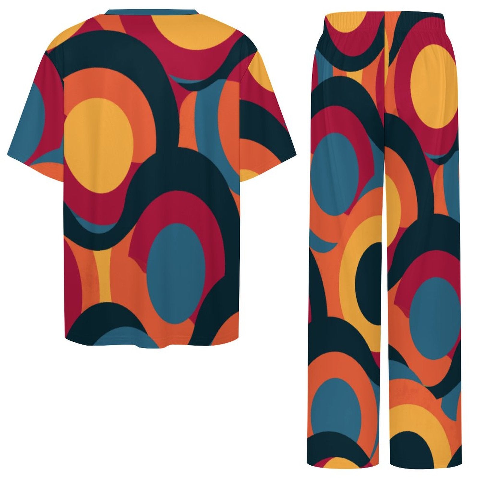 180gsm Short Sleeved Pajama Set(All-Over Printing)retro multicolored circle pattern