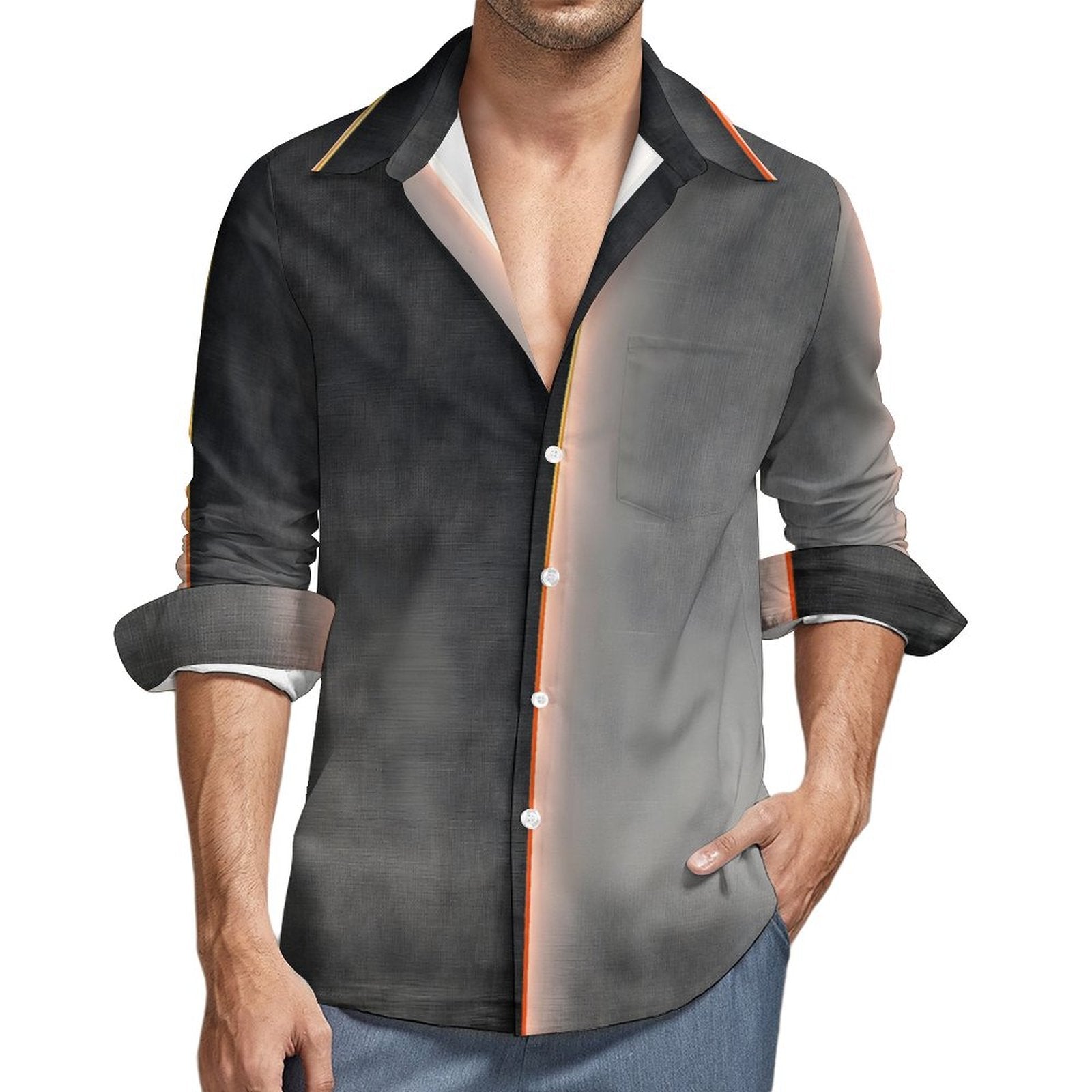 Faux Linen Men Long Sleeve Shirt with Pocket(All-Over Printing)