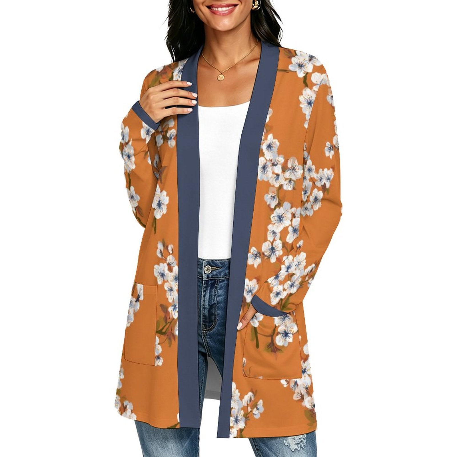 180gsm Women's Long Sleeve Cardigan With Pockets(All-Over Printing) white dogwood pattern orange background