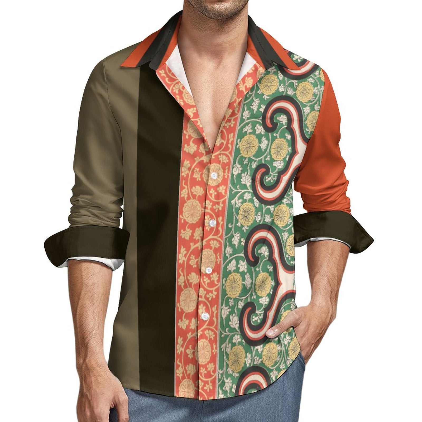 Men's Long Sleeve Shirt with Pocket(All-Over Printing)  orange and olive Indian print